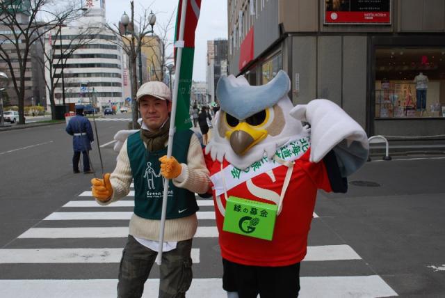 大通公園でグリーンバードwithハト画像